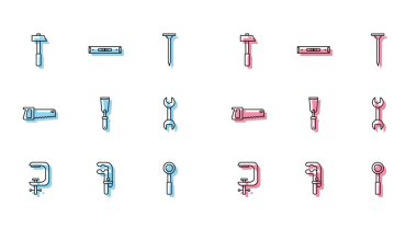 Set line Clamp and screw tool Hammer Wrench spanner Putty knife Hand saw and Construction bubble level icon. Vector.