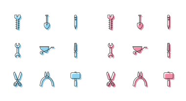 Set line Scissors Pliers tool Metallic screw Sledgehammer Wheelbarrow Chisel for wood Wrench spanner and Shovel icon. Vector.