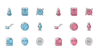 Set line Astronaut helmet Alien Rocket ship Black hole Moon Great Bear constellation and Book by astronomy icon. Vector.