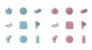 Set line Gender Virus Blood test and virus Test tube with Ebola disease and icon. Vector.