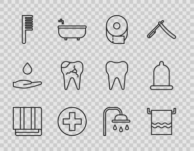 Set line Towel stack on hanger Toilet paper roll Cross hospital medical Hairbrush Broken tooth Shower head and Condom icon. Vector.