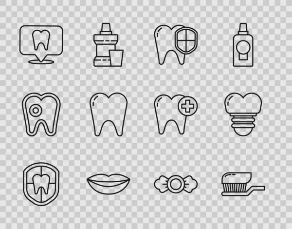 Set line Dental protection Toothbrush with toothpaste Smiling lips clinic location Candy and implant icon. Vector.