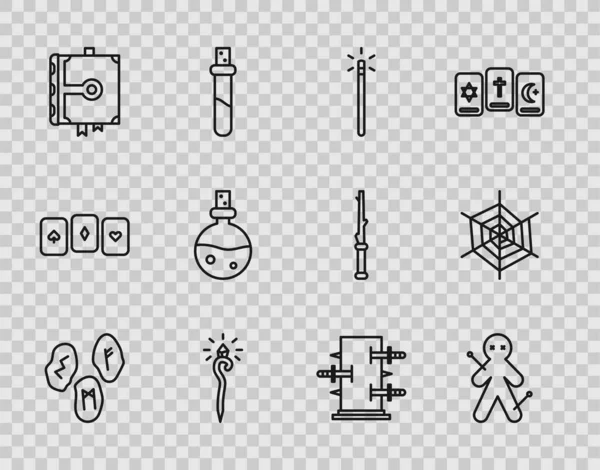 Set Line Magic Runes Voodoo Doll Wand Staff Ancient Magic — Stock Vector