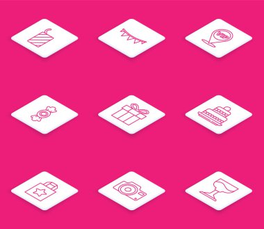 Set line Firework rocket Carnival garland with flags Location Vip Candy Gift box Cake Paper shopping bag and Photo camera icon. Vector.