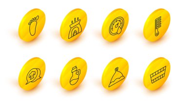 Set line Sauna bucket hat Essential oil bottle Massage Hairbrush thermometer Aroma candle and Foot massage icon. Vector.