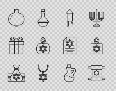 Set line Jewish money bag Torah scroll Firework rocket Star of David necklace chain Pomegranate Burning candle Bottle olive oil and icon. Vector.
