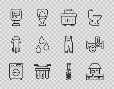 Set line Washer Water supply pipes Toolbox filter Pressure water meter drop Toilet brush and Industry metallic icon. Vector.