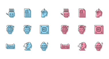 Set line Robot blueprint for maintenance Mechanical robot hand low battery charge Processor with microcircuits CPU and Technical specification icon. Vector.