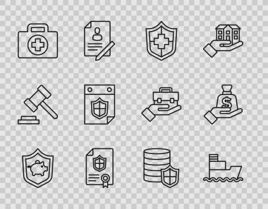 Set line Piggy bank with shield Ship Life insurance Contract First aid kit Calendar Money and hand icon. Vector.