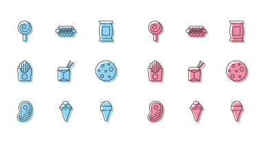 Set line Steak meat Ice cream in waffle cone Lollipop Asian noodles and chopsticks Cookie or biscuit Potatoes french fries box and Hotdog sandwich icon. Vector.