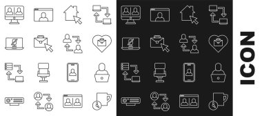 Set line Time management Freelancer Heart with text work Online working Mute microphone on laptop Video chat conference and Project team base icon. Vector.