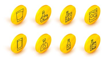 Set line Beer bottle and beer can Tequila Shot glass Glass of whiskey Whiskey and icon. Vector.