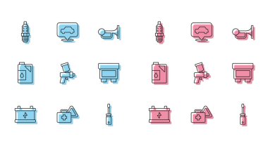 Set line Car battery First aid kit and warning triangle spark plug Screwdriver Paint spray gun Fuse Canister for motor oil and service icon. Vector.