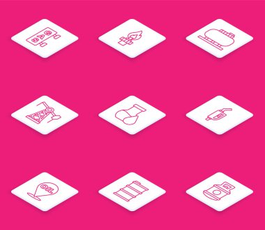 Set line Gas filling station Oil rig with fire tank storage pump pump jack petrol test tube Gasoline nozzle Refill fuel location and Barrel oil icon. Vector.