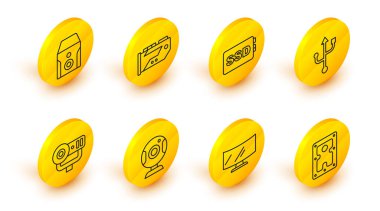 Set line Hard disk drive HDD Computer monitor screen Web camera USB SSD card Video graphic and Uninterruptible power supply icon. Vector.