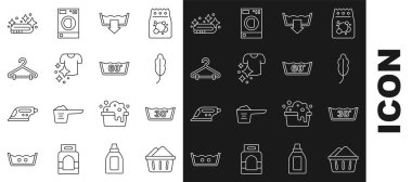 Set line Basin with soap suds Temperature wash Feather Washing modes Drying clothes Hanger wardrobe Towel stack and icon. Vector.