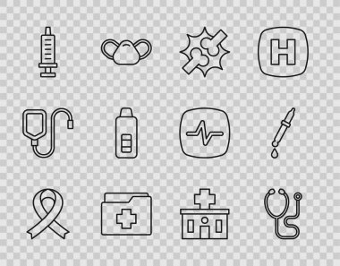 Set line Awareness ribbon Stethoscope Joint pain knee pain Patient record Syringe Digital thermometer Hospital building and Pipette icon. Vector.