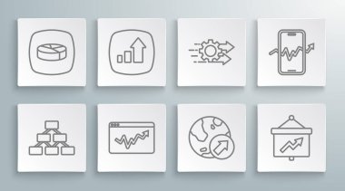 Set line Hierarchy organogram Financial growth Graph chart infographic Board with Time management Mobile stock trading and Pie icon. Vector.