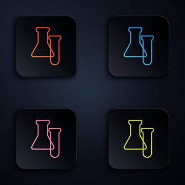 Renkli neon hattı test tüpü ve siyah arkaplanda izole edilmiş matara simgesi. Kimyasal laboratuvar testi. Laboratuvar camları. Kare düğmelere simgeleri yerleştir. Vektör.