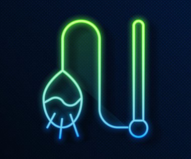 Parlayan neon hattı, evcil kedi oyuncak ikonu mavi arka planda izole edildi. Vektör.