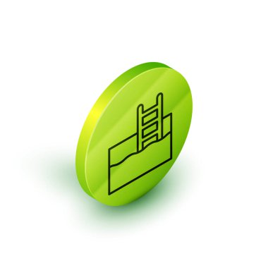 Beyaz arka planda izole edilmiş merdiven ikonu olan Isometric çizgi yüzme havuzu. Yeşil daire düğmesi. Vektör.