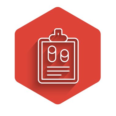 Beyaz çizgi işletme finans raporu ikonu uzun gölgeli izole edildi. Denetim ve analiz, belge, plan sembolü. Kırmızı altıgen düğmesi. Vektör.