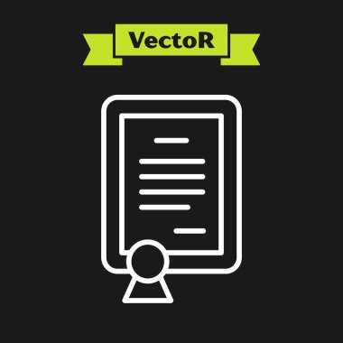 Beyaz çizgi sertifika şablonu simgesi siyah arkaplanda izole edildi. Başarı, ödül, diploma, burs, diploma kavramları. Vektör.