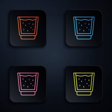 Siyah zemin üzerinde su ikonu olan renkli neon çizgisi. Soda bardağı. Kare düğmelere simgeleri yerleştir. Vektör.