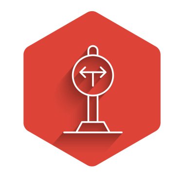 White line Fork in the road icon isolated with long shadow background. Red hexagon button. Vector.