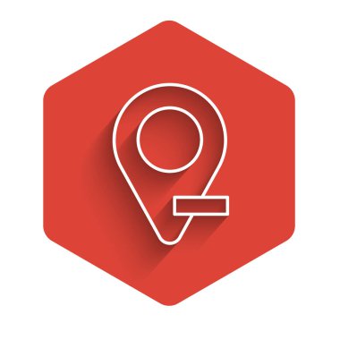 Beyaz çizgi harita pin simgesi uzun gölge arkaplanı ile izole edildi. Navigasyon, işaret, konum, harita, GPS, yön, yer, pusula, arama konsepti. Kırmızı altıgen düğmesi. Vektör.