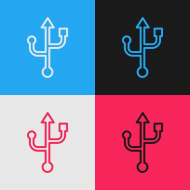 Pop art line USB symbol icon isolated on color background. Vector.