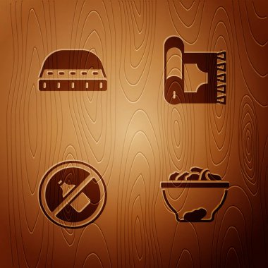 Set Date fruit in bowl, Muslim hat for prayer, No alcohol and Traditional carpet on wooden background. Vector.