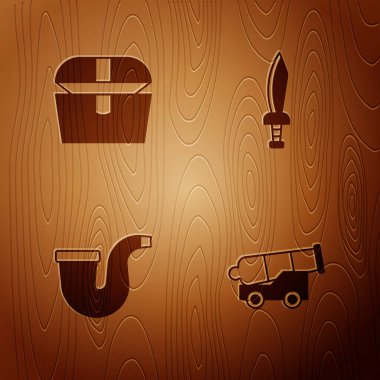 Set Cannon, Antique treasure chest, Smoking pipe and Pirate sword on wooden background. Vector.