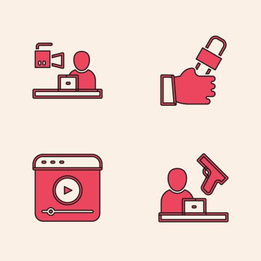 Set Crime news Breaking Journalist and Live stream icon. Vector.