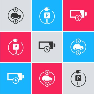 Set Electric car Charging parking electric and Low battery icon. Vector.