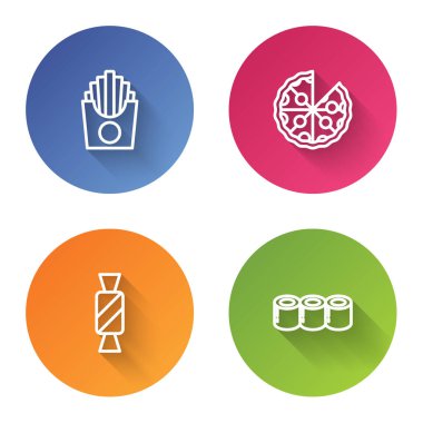 Set line Potatoes french fries in box, Pizza, Candy and Sushi. Color circle button. Vector.