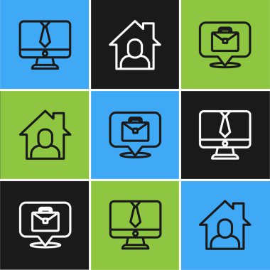 Set line Video chat conference, Online working and icon. Vector.
