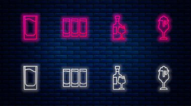 Set line Shot glass, Wine bottle with, and Glass of beer. Glowing neon icon on brick wall. Vector.