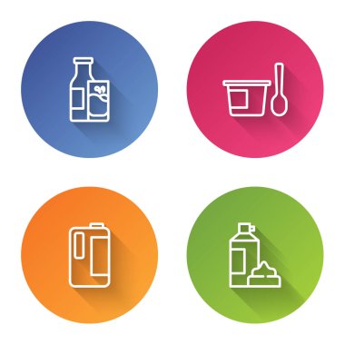 Set line Bottle milk and glass, Yogurt container with spoon, Milk plastic bottle and Whipped cream. Color circle button. Vector.
