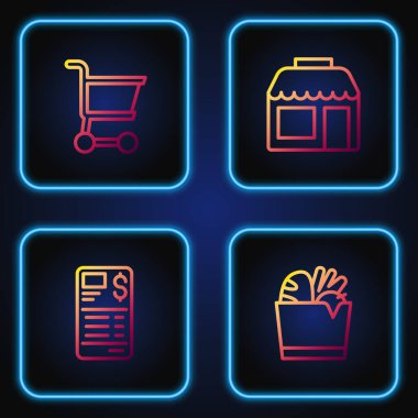 Set line Shopping bag and food, Paper or financial check, cart and Market store. Gradient color icons. Vector.