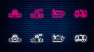 Set line Metallic pipes and valve, Oil tanker ship, and Tanker truck. Glowing neon icon on brick wall. Vector.
