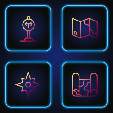 Set line Folded map, Wind rose, Fork the road and . Gradient color icons. Vector.