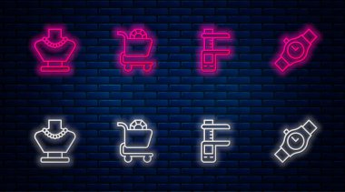 Set line Jewelry online shopping, Calliper or caliper and scale, Necklace mannequin and Wrist watch. Glowing neon icon on brick wall. Vector.