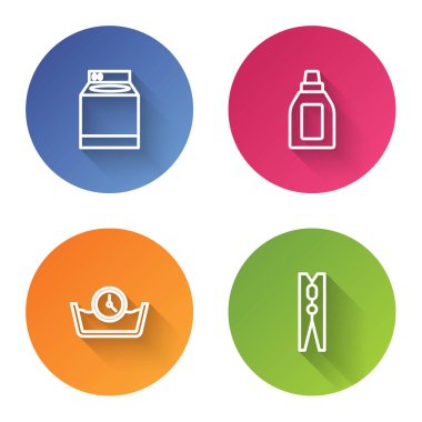 Set line Washer, Bottle for cleaning agent, Time wash and Clothes pin. Color circle button. Vector.