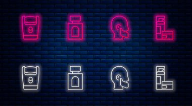 Set line Aftershave Mustache and beard Electric razor blade and Shaving gel foam. Glowing neon icon on brick wall. Vector.