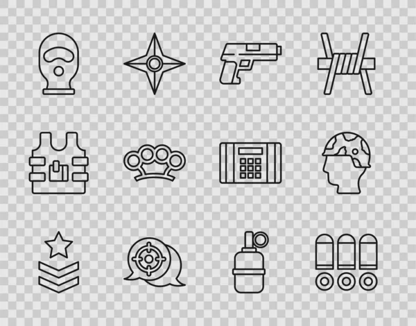 Set line Military rank Bullet Pistol or gun Target sport Balaclava Brass knuckles Hand grenade and Army soldier icon. Vector.