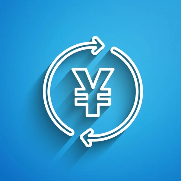Linea Bianca Moneta Con Icona Simbolo Yen Isolata Sfondo Blu — Vettoriale Stock