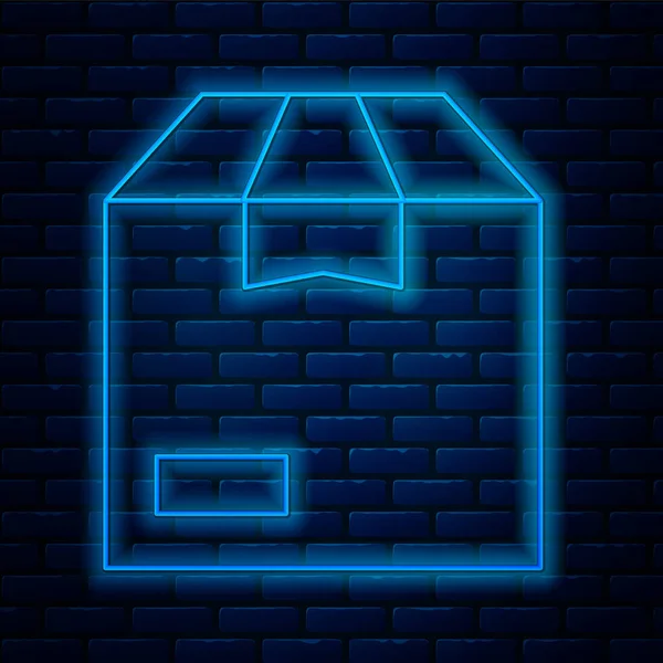 Glowing Neon Line Carton Cardboard Box Icon Isolated Brick Wall — Stock Vector