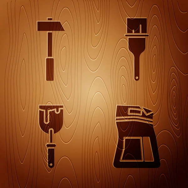 Set Cement bag, Hammer, Putty knife and Paint brush on wooden background. Vector.