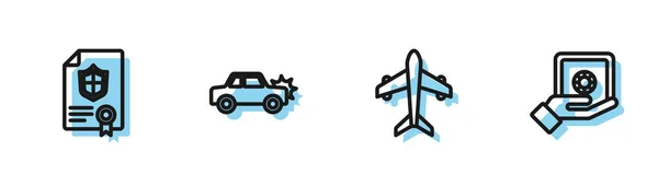 Set Line Plane Contract Shield Car Safe Hand Icon Vector — 스톡 벡터